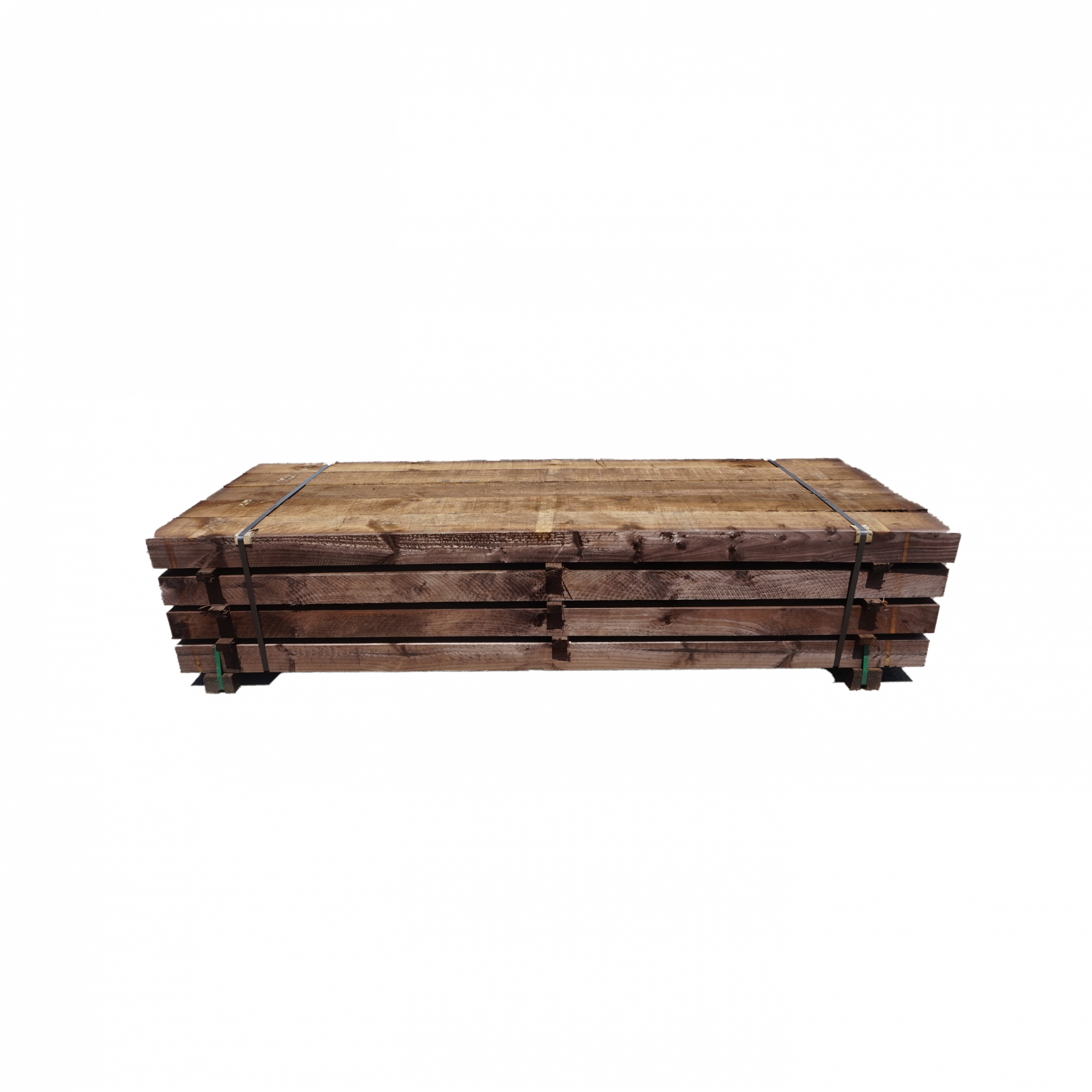 Pack de traviesas de tren de madera de pino tratada en autoclave para construcción de jardines y vallados.