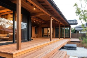 Diseño de terraza moderna con estructura de vigas de madera y suelo de traviesas de tren tratadas para exterior.