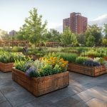 Diseño de huerto urbano con jardineras elevadas fabricadas con traviesas de tren de madera tratada en una terraza moderna.