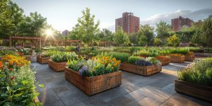 Diseño de huerto urbano con jardineras elevadas fabricadas con traviesas de tren de madera tratada en una terraza moderna.